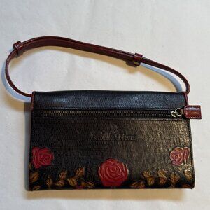 Isabella Fiore Black Leather Floral Embossed Wristlet Purse With Red Roses & Zip